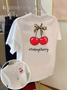 Women's Short-Sleeved T-Shirt, Sweet And Cute Style, 100% Cotton, Loose Fit, Cherry And Leopard Print With Bow Details, Breathable Casual Top, For Everyday Summer Wear, With Letter Print,  Short-Sleeved T-Shirt For Summer Beach For Adult Women, Breathable Fabric, Suitable For Back To School Season, Outdoor Wear, Ideal Gift, . - 白色 - 查看 1