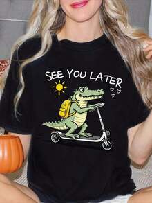 Women's T-Shirt With Crocodile And Scooter Print, Casual Style, Round Neck, Short Sleeve, Soft, Comfortable, Simple, Fashionable, Summer Gift For Friends, Best Gift For Friends On June 16th, Graduation 2026 And Birthday, Women's Clothing, Printed Blouses - 黑色 - 查看 1