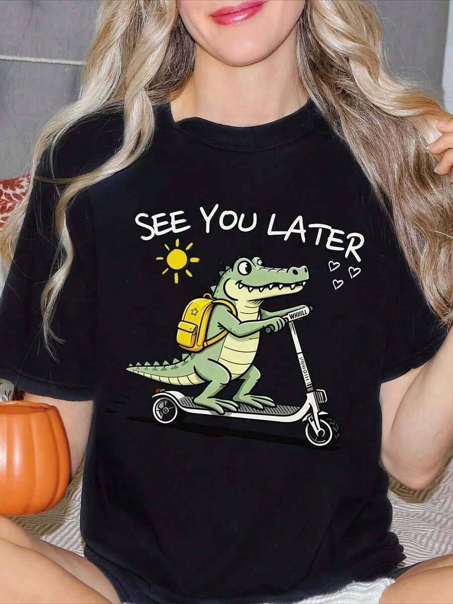 Women's T-Shirt With Crocodile And Scooter Print, Casual Style, Round Neck, Short Sleeve, Soft, Comfortable, Simple, Fashionable, Summer Gift For Friends, Best Gift For Friends On June 16th, Graduation 2026 And Birthday, Women's Clothing, Printed Blouses - 黑色 - 查看 1