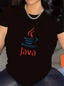 Java Programming Language Graphic T-Shirt - Black Polyester T-Shirt With Blue And Red Logo, Lightweight And Comfortable Fabric, Casual Clothing For Men And Women, Easy Care, All-Season Design, Casual T-Shirt | Crew Neck T-Shirt | Stretch Fabric - 黑色 - 查看 7