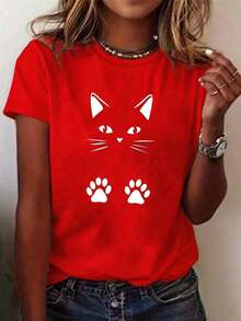 Women's Premium Summer Tops, Casual Style. Wo Summer Top. Short-Sleeved Casual T-Shirt. Cat Face And Paw Print Design. Suitable For Everyday Casual Wear. Lightweight. Wo Casual Top | Wo Summer T-Shirts Are A Must-Have For Everyday Casual Wear. A Hit. Great Gift Idea. - 紅色 - 查看 1