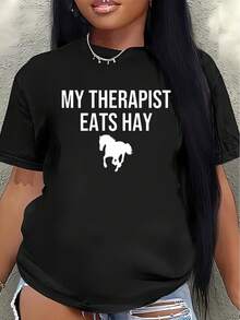 Short-Sleeved Polyester T-Shirt, Printed With A Horse Design That Reads "My Therapist Eats Hay," Lightweight And Durable, Suitable For Lounging At Home Or Riding In The Stable. Women's Blouses > Clothing - 黑色 - 查看 1