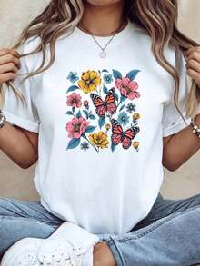 Women's Cotton T-Shirts With Vibrant And Colorful Butterfly Floral Print - Unisex Round Neck Short Sleeve T-Shirt, Made Of Soft And Breathable Fabric With Black Base And Colorful Floral Design, Suitable For Daily Wear In Spring, Summer And Autumn, An Ideal Gift. - 白色 - 查看 1