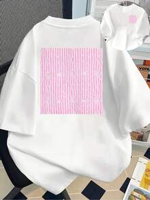 New Short-Sleeved T-Shirt, 180g, 1% Cotton, With Prints On The Front And Back - Pink Stripes, Lace Design - Fashionable Printed T-Shirt For Women, Your Best Choice! - Suitable For Layering In Spring And Autumn, And For Wearing Alone In Summer, Unisex Style. - 白色 - 查看 1