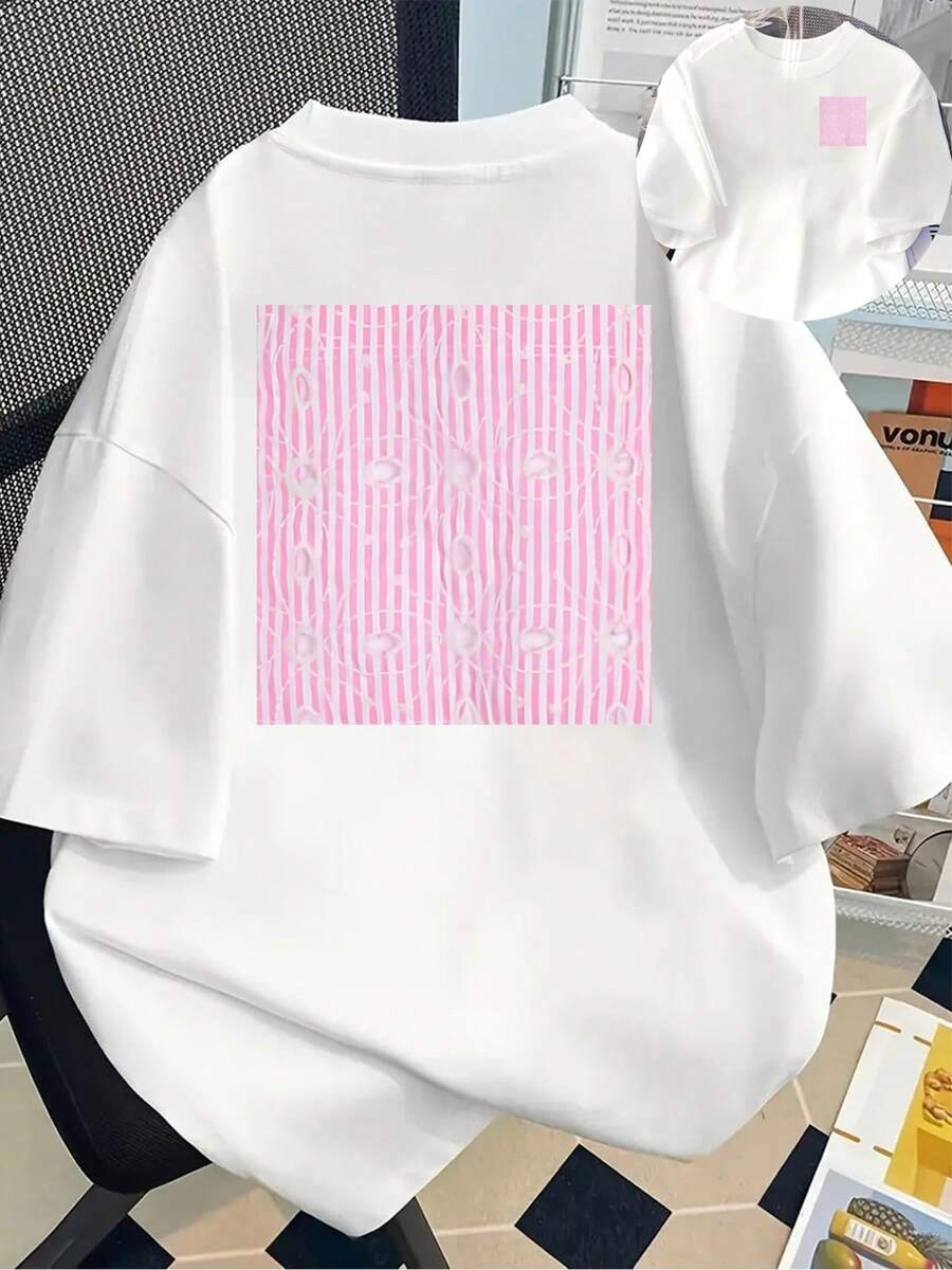 New Short-Sleeved T-Shirt, 180g, 1% Cotton, With Prints On The Front And Back - Pink Stripes, Lace Design - Fashionable Printed T-Shirt For Women, Your Best Choice! - Suitable For Layering In Spring And Autumn, And For Wearing Alone In Summer, Unisex Style. - 白色 - 查看 1