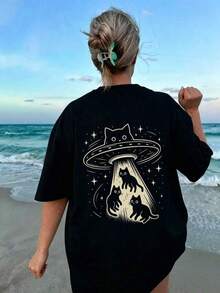 1 pieza Camiseta de mujer de manga corta y cuello redondo, suelta para el verano, con estampado de gato de dibujos animados y diseño de ciencia ficción, adecuada para vacaciones, oficina, salidas, uso diario, citas, fiestas, reuniones, calle, festivales de música y ocasiones casuales |   Diseño exquisito |   Suelto y cómodo |   Fácil de combinar | - Negro - Ver 2