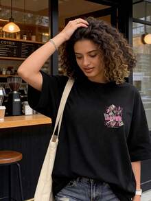 Camiseta de mujer de cuello redondo y manga corta, diseño de estampado gráfico de doble cara de moda, ajuste holgado y cómodo casual, versátil top negro de verano - Negro - Ver 2