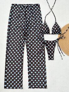 Bộ bikini 3 mảnh chấm bi dành cho nữ, kiểu dáng cổ yếm, hở lưng, kèm quần lưới buộc dây, trang phục thường ngày phong cách vintage đi biển, thích hợp cho mùa xuân/hè. - Chấm bi màu xanh nhạt - Xem 2