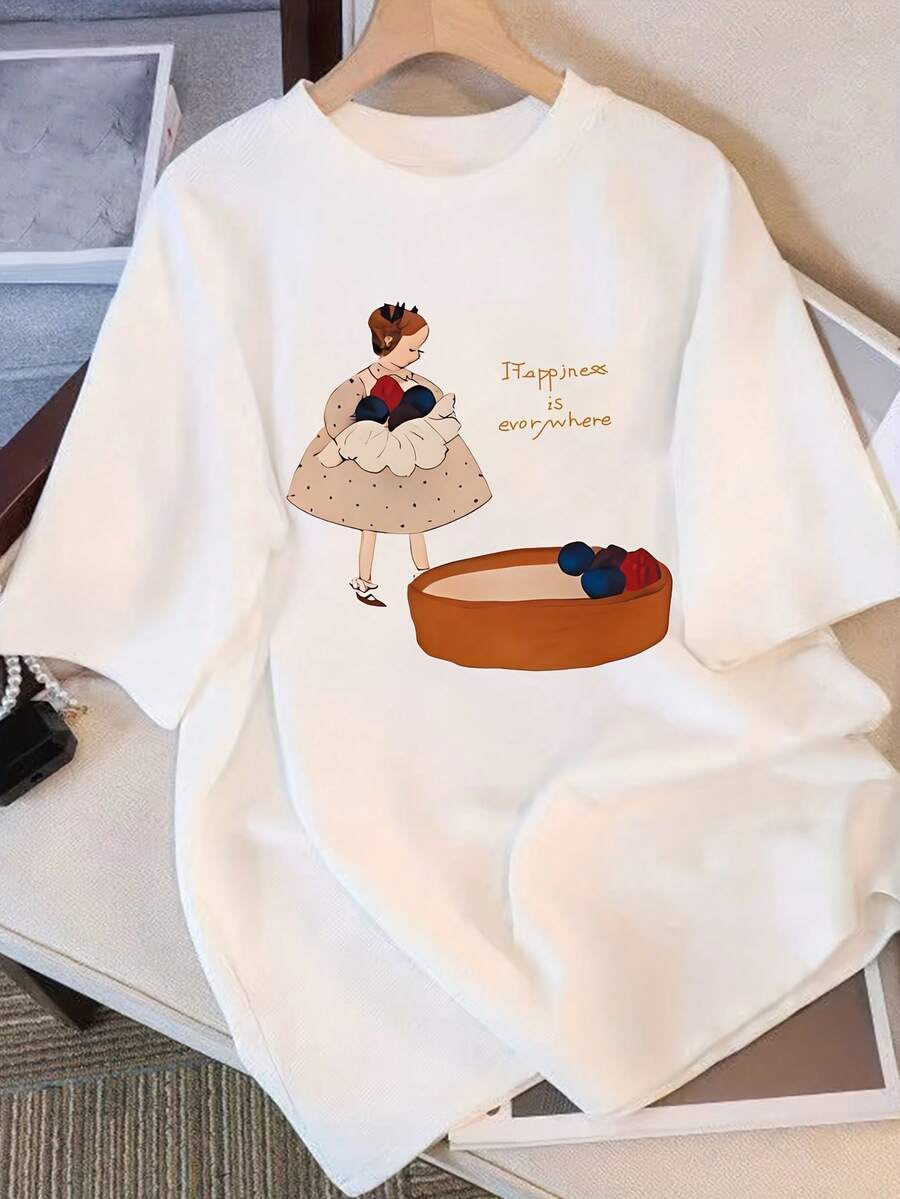 Simple And Versatile Design, Minimalist Casual T-Shirt, New Pure Cotton Summer T-Shirt, Unique Printed Design, Short Sleeve, Round Neck, Loose Fit Women's T-Shirt, Women's Clothing, Cotton T-Shirt - 白色 - 查看 1