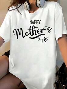 Women's Happy Mother's Day T-Shirt, Black Cotton, Casual Style With Heart Design, Perfect Gift For Mom, Motherhood Celebration [Suitable For Leisure And Sports Activities] - 白色 - 查看 1