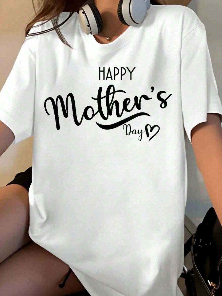 Women's Happy Mother's Day T-Shirt, Black Cotton, Casual Style With Heart Design, Perfect Gift For Mom, Motherhood Celebration [Suitable For Leisure And Sports Activities] - 白色 - 查看 1