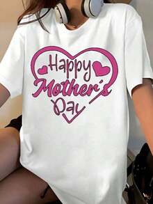 Camiseta Negra con Diseño de Corazón para el Día de la Madre, Regalo para el Día de la Madre, Ropa Casual para Celebración de San Valentín, Playera Holgada para Mujer - Blanco - Ver 7