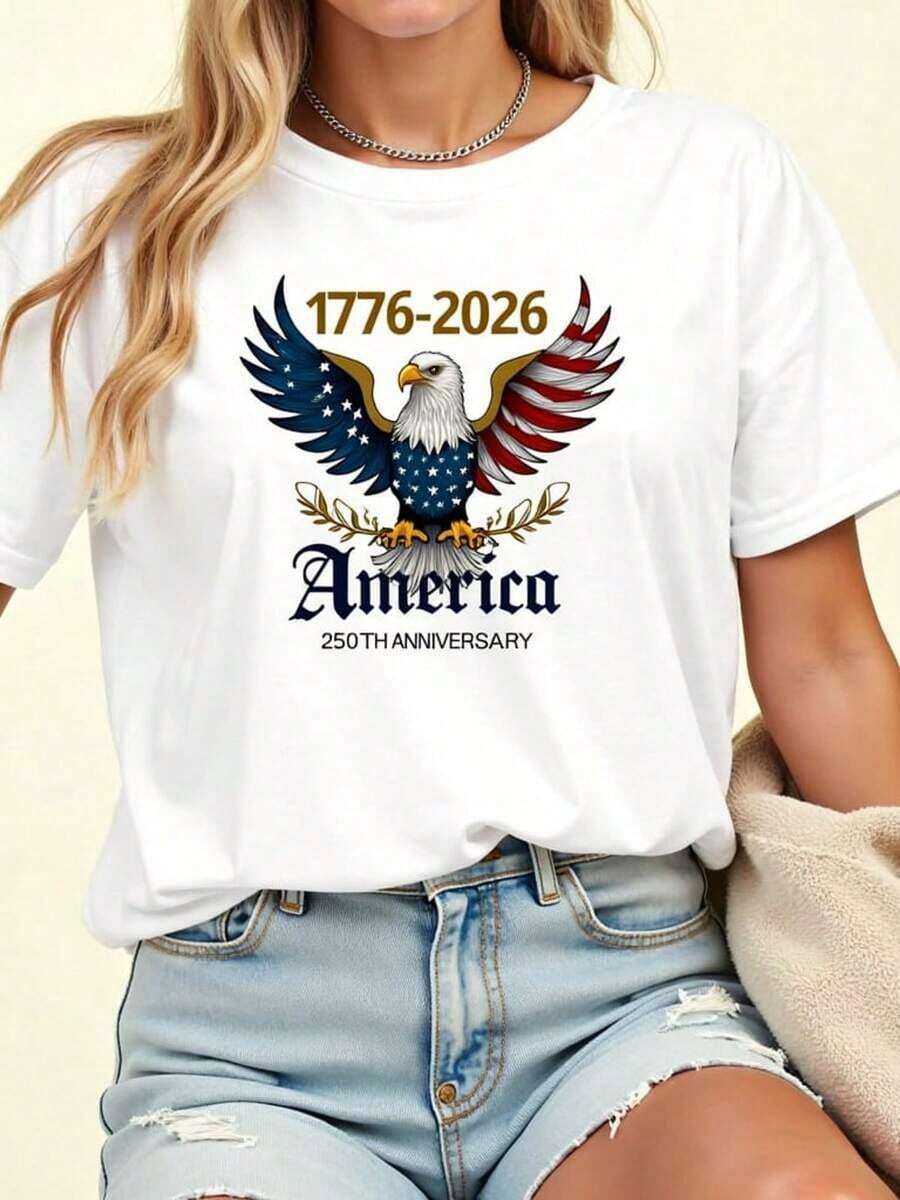 Plus Size Minimalist Modern Memorial Day T-Shirt, Casual Design 776-06, An Ideal Choice For Everyday Wear And Patriotic Clothing - Short Sleeve T-Shirt Printed With Patriotic Poppy Flower And Eagle Motif For Everyday Casual Wear - 白色 - 查看 1