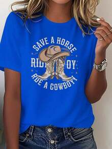 Women's Cotton Crew Neck Casual T-Shirt - Women's Western Cowboy Print T-Shirt - 100% Cotton, Comfortable Short Sleeves, Featuring Cowboy Boots And Horses, And The Slogan "Save A Horse, Ride A Cowboy," Suitable For Country Music Festivals, Rodeos, And Casual Western-Style Outfits. Geometric Pattern, Machine Washable, Loose Fit, Suitable For All Seasons, Casual Western-Inspired Style, Combined With A Cowboy Hat And Horseshoe Design, Breathable Fabric, Comfortable Fit. Simple T-Shirt For Everyday Wear - 藍色 - 查看 1