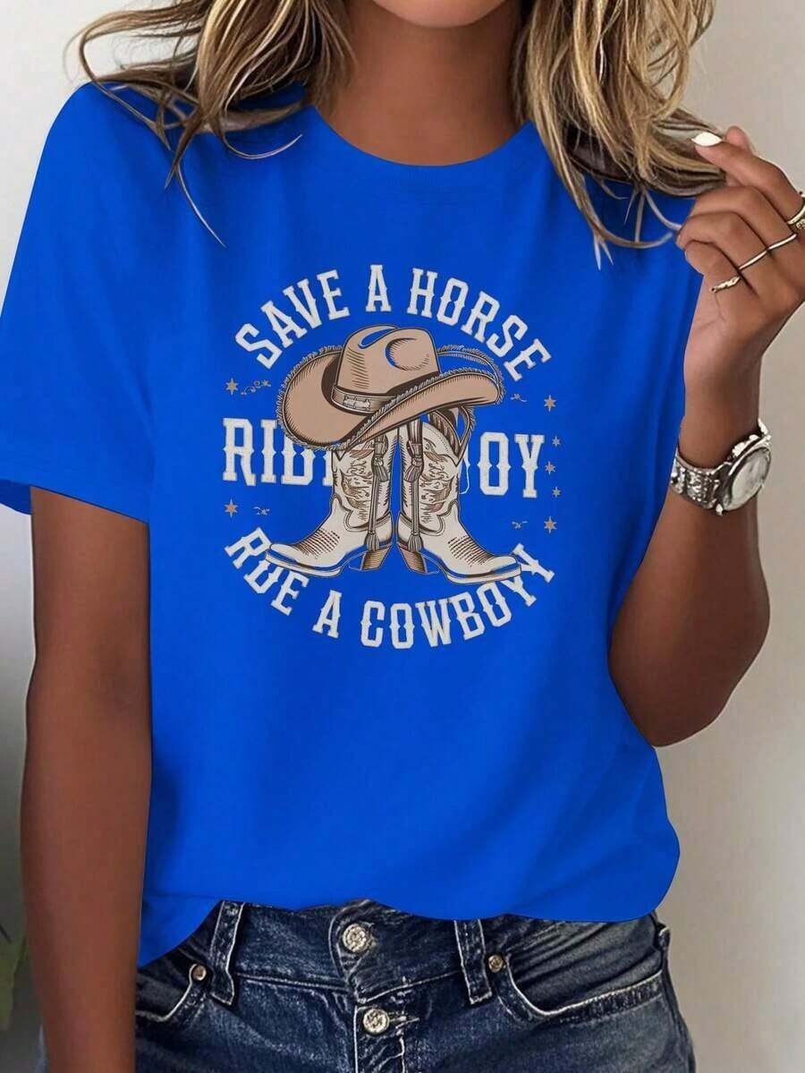 Women's Cotton Crew Neck Casual T-Shirt - Women's Western Cowboy Print T-Shirt - 100% Cotton, Comfortable Short Sleeves, Featuring Cowboy Boots And Horses, And The Slogan "Save A Horse, Ride A Cowboy," Suitable For Country Music Festivals, Rodeos, And Casual Western-Style Outfits. Geometric Pattern, Machine Washable, Loose Fit, Suitable For All Seasons, Casual Western-Inspired Style, Combined With A Cowboy Hat And Horseshoe Design, Breathable Fabric, Comfortable Fit. Simple T-Shirt For Everyday Wear - 藍色 - 查看 1