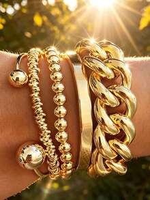 5pcs Vintage Coin Style Geometric Beaded Chain Bracelets Set, Minimalist Chunky Cuff Bangles, Elegant Retro Design, Suitable For Holiday, Party, Daily Wear, Autumn/Winter - Yellow Gold - View 3