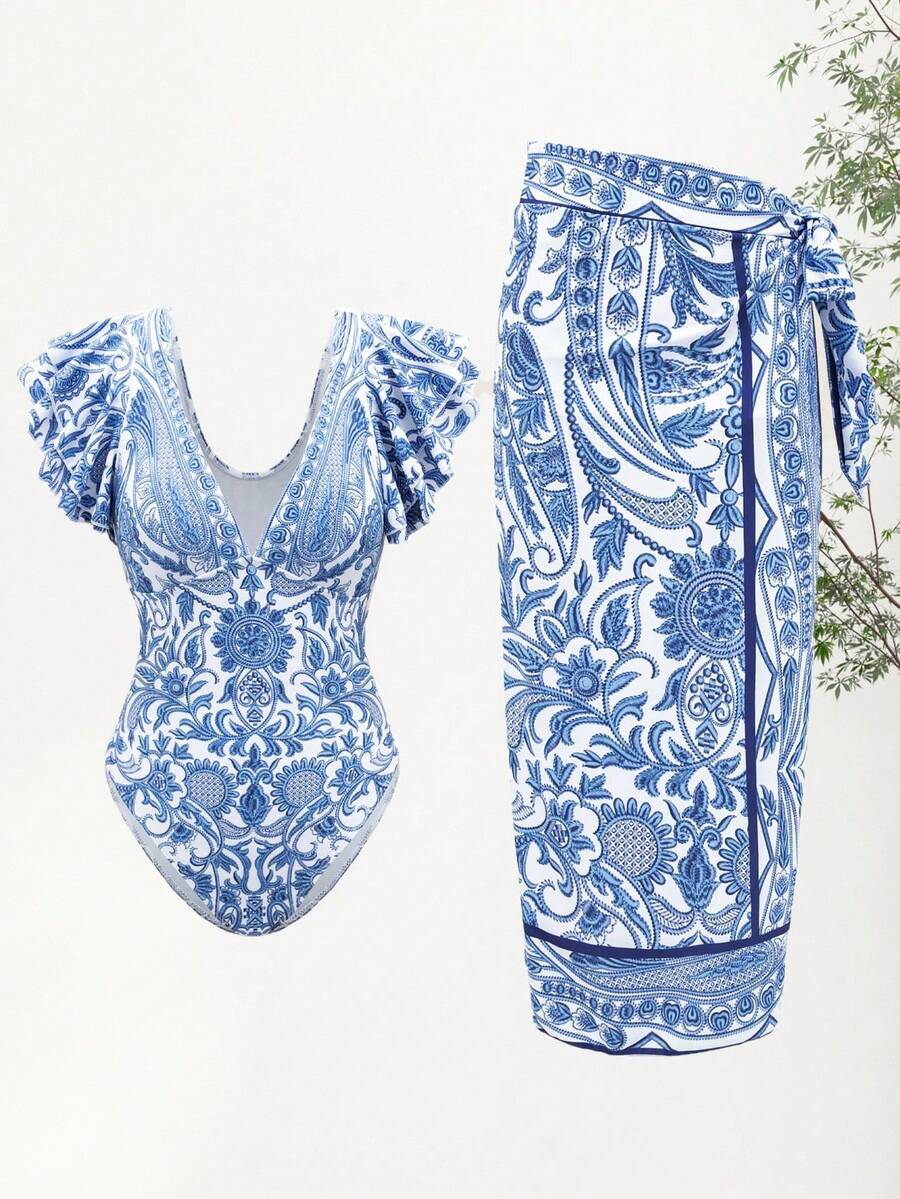 New Swimsuit Set In Blue With Vintage Print, Two-Piece Swimsuit With Skirt, Sexy Women's Swimsuit With Deep V-Neck And Lace Sleeves. - 青花瓷泳裝 - 查看 1
