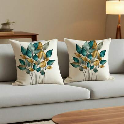 2 Pcs Teal And Gold Foliage Throw Pillow Covers Minimalist Modern Pillow Covers Decoration Home Square Sofa Living Room Bedroom Bed Couch Chair Cushion Covers(No Filling)