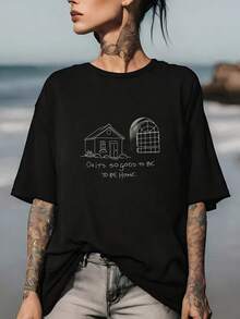 Suave180G Women's Soft And Comfortable Graphic T-Shirt "Oh It's So Good To Be Home" - Perfect Gift For Family Reunions, Company Picnics, And Group Gatherings. New Arrival. - 黑色 - 查看 1