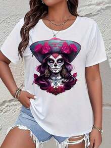 Women's Blouses. Women's Oversized White Short-Sleeved T-Shirt With Sugar Skull And Rose Hat Print, Casual Summer Top For Everyday Wear And Festival Outfits. Slim-Fit Graphic T-Shirt In Y2K Style. - 黑色 - 查看 10