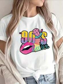 Camiseta de Mujer de Corte Regular con Estampado Retro de los 90 - Top Casual Negro de Manga Corta con Impresiones Impactantes de los 90 (90/91/92/93/94/95) - Camiseta Ligera y Cómoda de Cuello Redondo, Ideal para Fiestas Temáticas de los 90, Estilos Casuales y Looks Nostálgicos.Idea de regalo: Transpirable y cómodo - Blanco - Ver 7