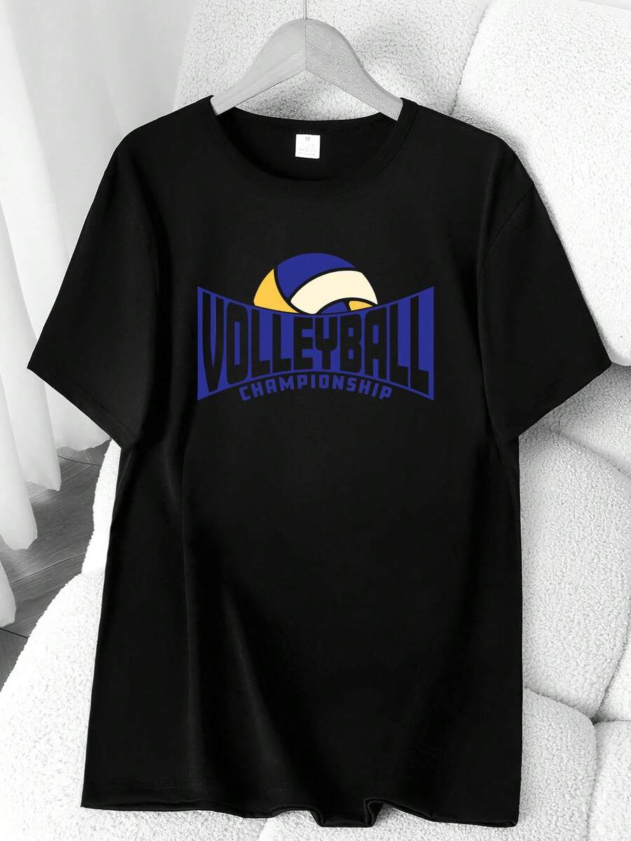 Volleyball Print T-Shirt. Available In 6 Colors, Short Sleeves, Round Neck, High-Stretch Casual Sports Top. Machine Washable. Suitable For Spring And Summer. Can Be Worn In All Seasons. Women's Clothing. Elegant Party Outfit, T-Shirt For Elegant Ladies, Blouses Suitable For Curvy Women, Casual Wear, Cool And Sweat-Free Summer Wear, Fun Letter Print. - 黑色 - 查看 1