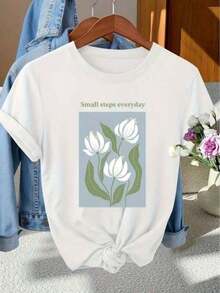 Women's Soft Casual T-Shirt, Short Sleeve Sports Top For Everyday Wear, Printed With The Pattern "White Flowers With Small Daily Steps", Ideal For Vacation, Elegant Blouses For Women - 白色 - 查看 1