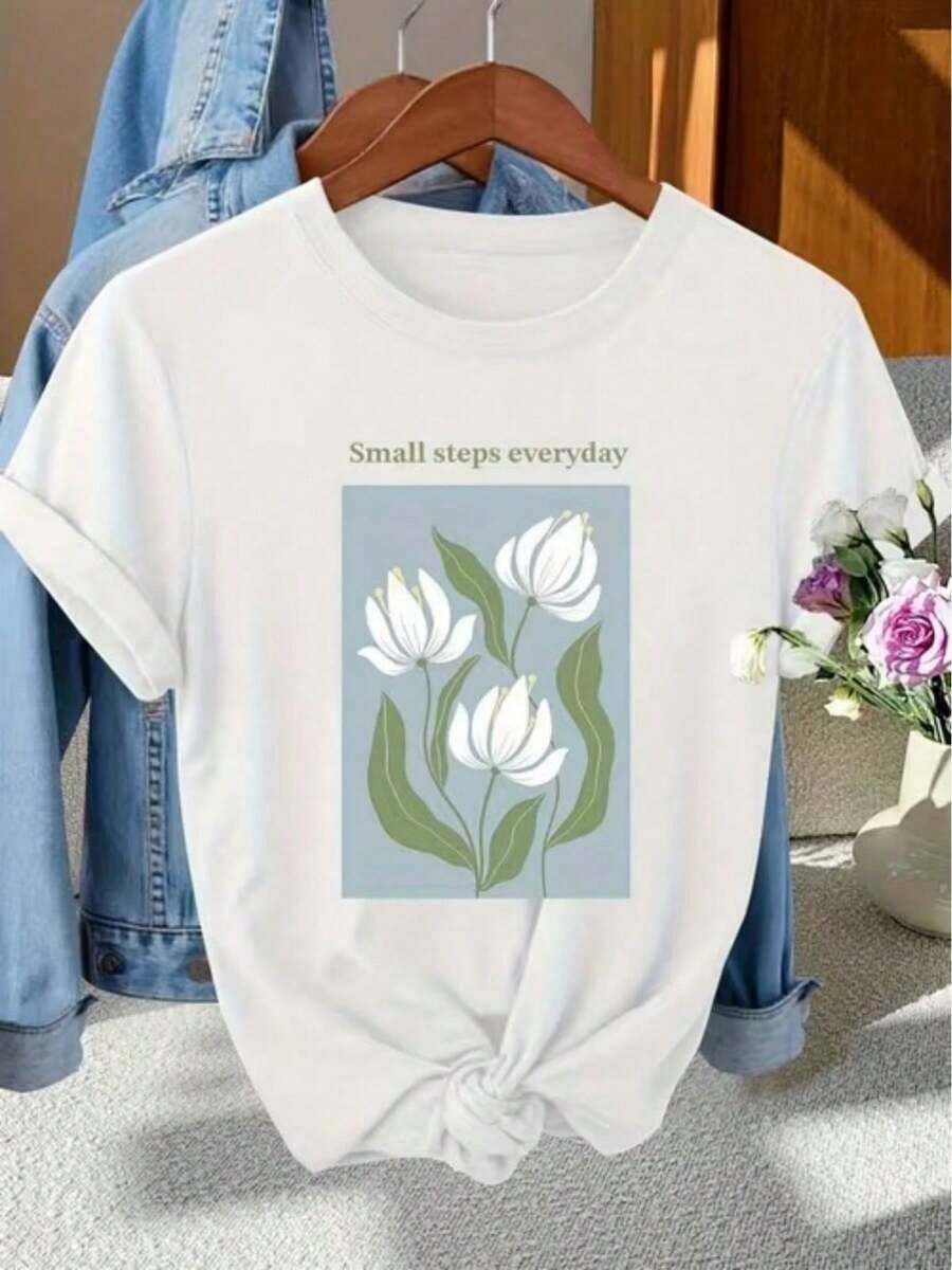 Women's Soft Casual T-Shirt, Short Sleeve Sports Top For Everyday Wear, Printed With The Pattern "White Flowers With Small Daily Steps", Ideal For Vacation, Elegant Blouses For Women - 白色 - 查看 1