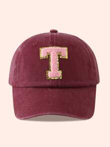 1pc Kids Burgundy Letter Baseball Cap, Sun Hat For Boys And Girls, Suitable For Outdoor And Daily Use - Pink Gold Label - Wine Red Washable Cap - View 58