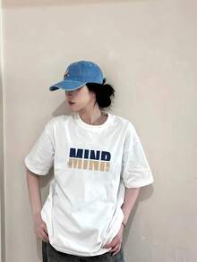 Women's Heavyweight Graphic Tee - "MIND YOUR MIND" Bold Letter Print, Oversized Casual Streetwear Tee, New Summer 2025 Design, Machine Washable Crew Neck, Short Sleeve, Relaxed Fit, Non-See-Through Material, Highstreet Style - 白色 - 查看 1