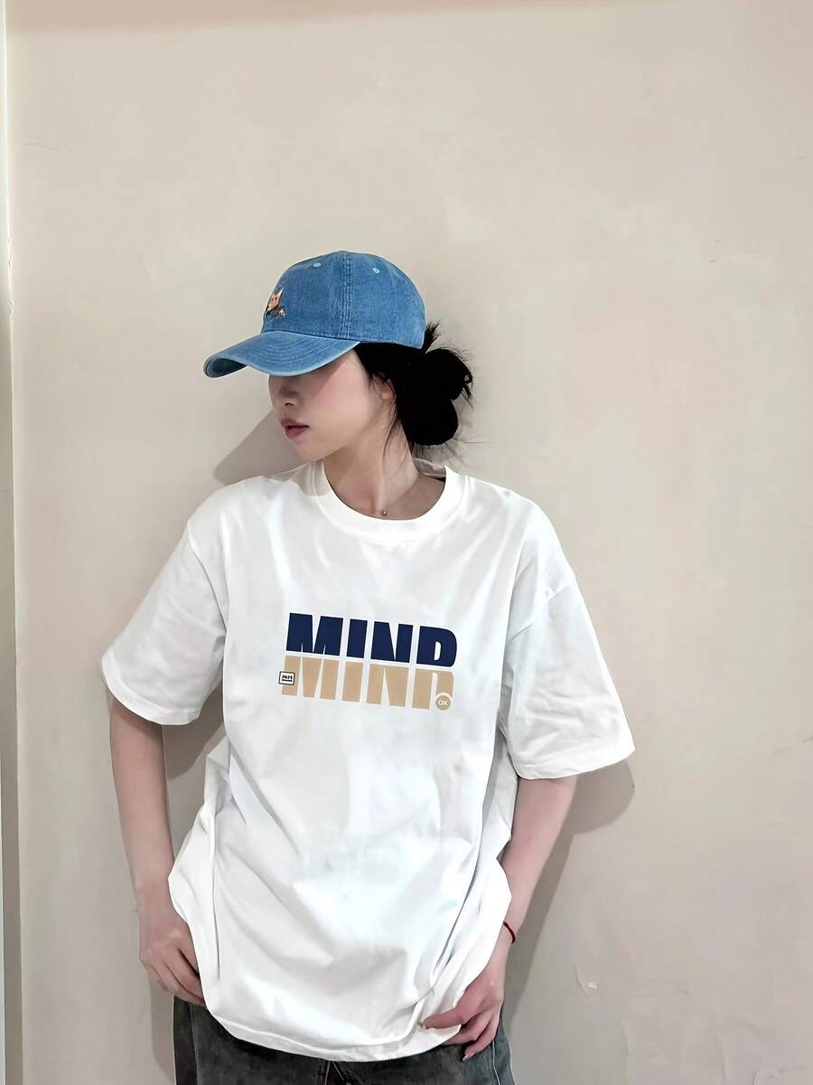 Women's Heavyweight Graphic Tee - "MIND YOUR MIND" Bold Letter Print, Oversized Casual Streetwear Tee, New Summer 2025 Design, Machine Washable Crew Neck, Short Sleeve, Relaxed Fit, Non-See-Through Material, Highstreet Style - 白色 - 查看 1