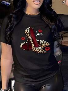 Camiseta de Mujer de Cuello Redondo con Estampado de Zapatos de Tacón con Estampado Animal Print, Manga Corta Casual para Uso Diario - Blanco - Ver 2