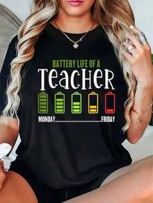 Plus Size - Funny T-Shirt For Plus Size Teachers - A Teacher's Monday-To-Friday Battery Life With Battery Icons (Green/Yellow/Red) - Comfortable Short Sleeve Crew Neck T-Shirt For Everyday Use By Teachers And Staff - Humorous Teacher T-Shirt - 黑色 - 查看 1