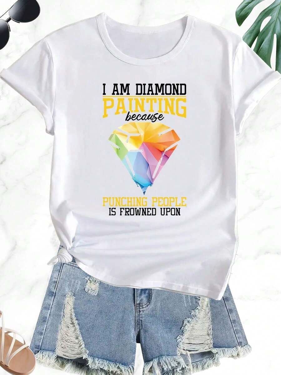 | Exquisite Design | Loose And Comfortable | Easy To Match | 1 Piece Of Women's Winter Clothing, Casual Diamond Painting Print For Daily Wear, Round Neck, Short Sleeve, Casual Fashion Top, Elegant Party Wear, Christmas Outfit, Christmas Gift, Autumn Clothing, Soft Material, Printed Shirt. - 白色 - 查看 1