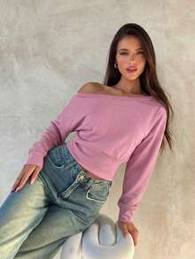 Top de manga larga asimétrico de hombro de punto de color albaricoque para mujer, otoño/invierno - Rosa - Ver 7