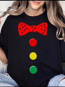 Women's T-Shirt, Black T-Shirt With Red Bow, Polka Dots And Colorful Buttons, For Women, Halloween Costume, Party, Fun And Original T-Shirt - 黑色 - 查看 7