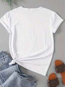 1 Piece Of High-Quality Women's Plus-Size T-Shirt, Cotton, Size M, Round Neck, Short Sleeves, Loose Fit, Floral Print, Casual Everyday Wear, Soft And Breathable T-Shirt, Colorful, Plus-Size Fashion, Comfortable Summer Top. Round Neck, 100% Cotton, Soft Fabric, Short Sleeve - 白色 - 查看 3