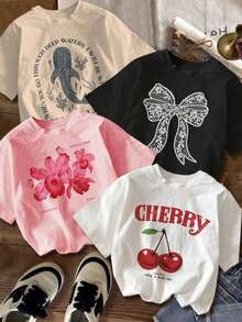 Envío aleatorio de 1 pieza en 3 colores, cuello redondo y mangas cortas, estampadas con letras, - Albaricoque - Ver 1