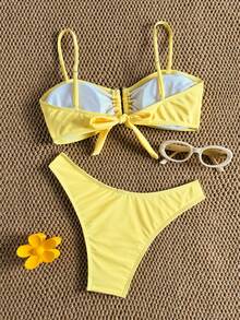 Bộ bikini màu vàng trơn với áo quây có nơ và quần cạp cao, đồ bơi mùa hè dành cho nữ. - Màu vàng - Xem 2