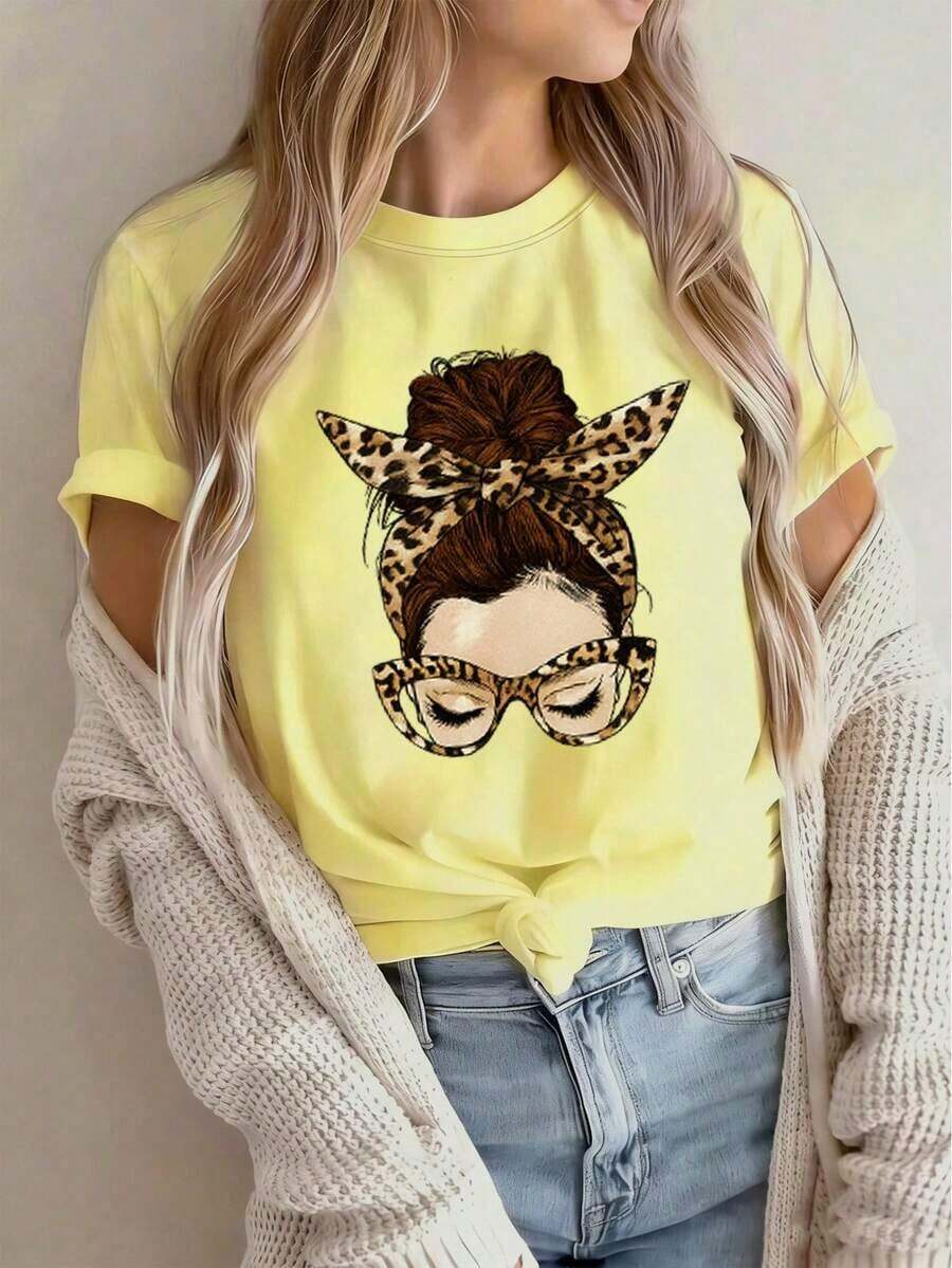 Short-Sleeved T-Shirt With A Round Neck, Relaxed Fit, And Simple Slogan Print, For Women, Ideal For Summer, Holidays, And Everyday Wear. Women's T-Shirt. White Blouses For Women. - 黃色 - 查看 1