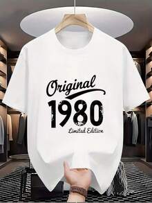 Men's Cotton Crew Neck Graphic Print T-Shirt, Black And White Options, Original 1980 Limited Edition, Oversized Casual Wear T-Shirts, Loose Short Sleeve Tops For Spring, Fashionable Basic Summer T-Shirts, Gift Clothing For Men - 黑色 - 查看 10
