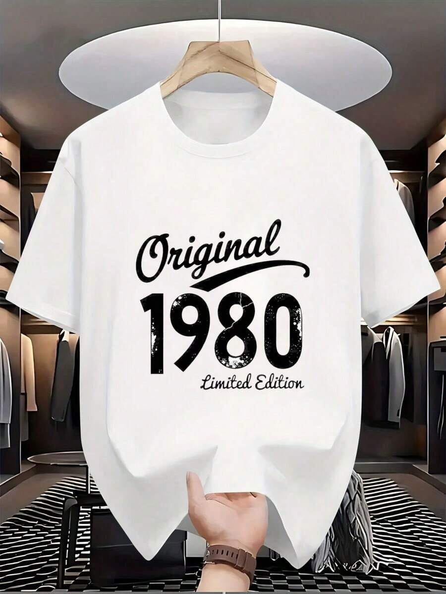 Men's Cotton Crew Neck Graphic Print T-Shirt, Black And White Options, Original 1980 Limited Edition, Oversized Casual Wear T-Shirts, Loose Short Sleeve Tops For Spring, Fashionable Basic Summer T-Shirts, Gift Clothing For Men - 白色 - 查看 1