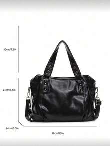 This Classic Black PU Tote Bag Features An Adjustable Shoulder Strap With Stud Embellishments, Perfect For Street Style, Working Women, And Students For Everyday Outings And Weekend Trips. - Black - View 5
