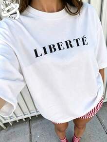 ALL IS ONE Algodón Puro Camiseta mujer Casual Holgada Cómoda Transpirable Vintage Y2K Diseño de Impresión de Texto Libertad Cuello Redondo No se deforma Uso diario Primavera/Verano Manga Corta - Blanco - Ver 2