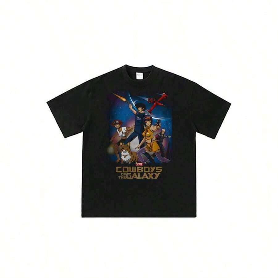 Anime And Cartoon Print T-Shirt Cowboys-Bebop-Spike-Spiegel-Faye-Valentine-Jet Black-Ein-Space-Adventure, Unisex Urban Style, Casual Summer Tops - 黑色 - 查看 1