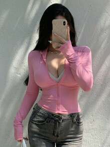Camiseta de manga larga de cuello alto y ajuste ceñido para mujer, ropa de otoño - Rosa - Ver 7