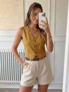 Blusa informal sin mangas de unicolor para oficina en verano, blusas sin mangas - Marrón Mocha - Ver 8