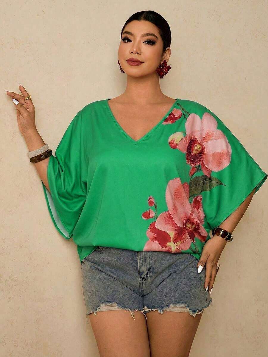 Blusa holgada con estampado floral para mujer de talla grande - Verde - Ver 1
