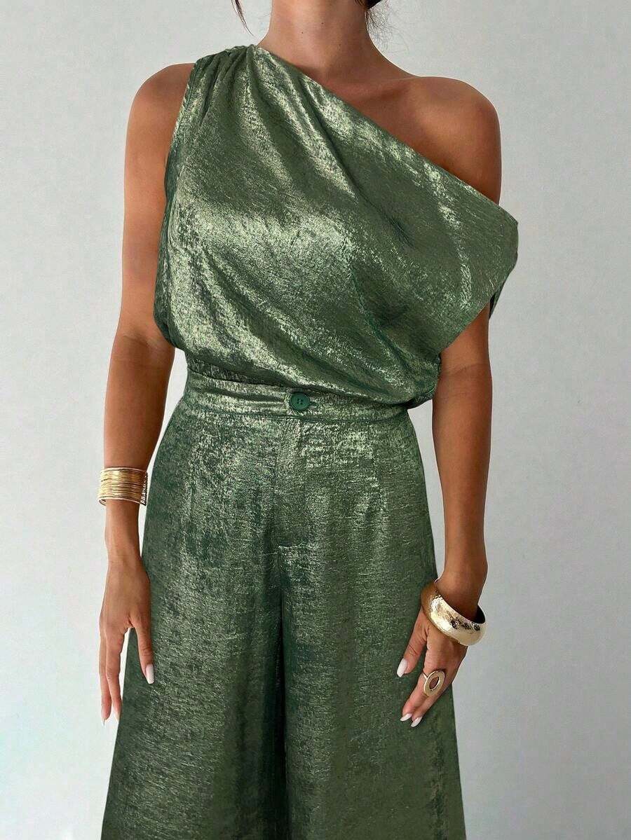 Conjunto de blusa suelta asimétrica sin hombros con baño de oro sin mangas y pantalones de pierna ancha con cintura elástica, adecuado para citas, fiestas, viajes diarios, festivales de música, ceremonias de graduación, atuendos de maestros y ocasiones formales - Verde - Ver 1