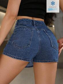 PETITE Short vaquero sexy con bolsillo frontal, cruce de cintura y abotonado para mujer - Azul - Ver 2